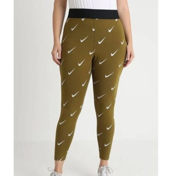 Nike Pants - Nike Leg-A-See Allover Olive Green Leggings with White Swoosh Print
